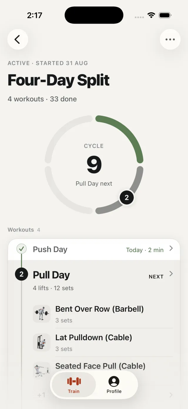 The active Four-Day Split in SupaSet: cycle 9, Push Day done today and Pull Day next, with 33 workouts done.