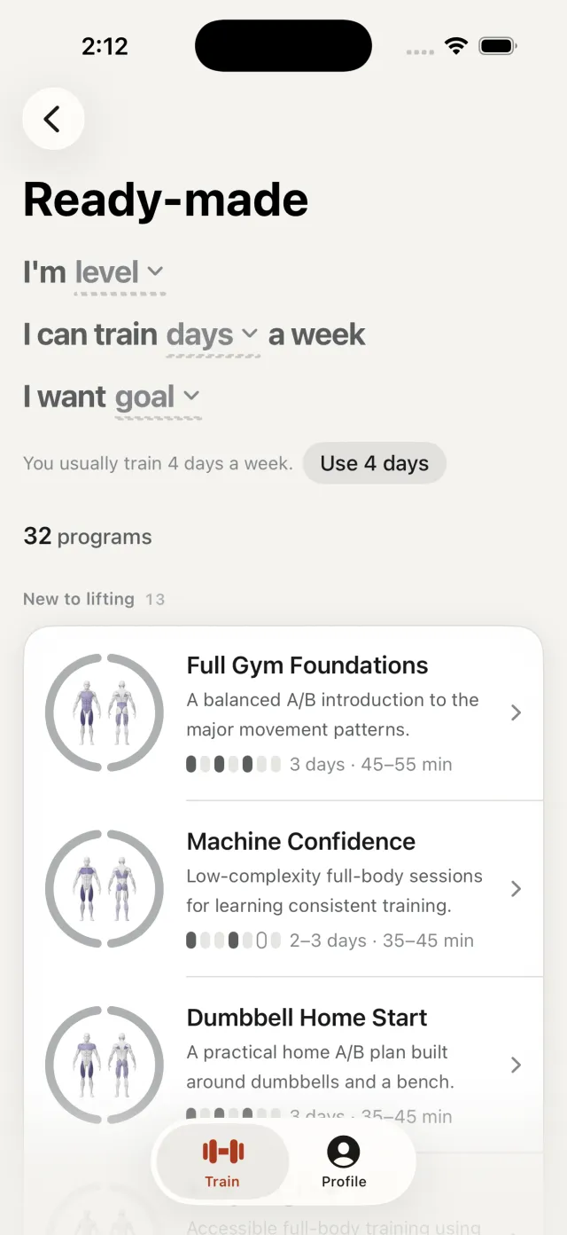 SupaSet's ready-made programs, filtered by level, days a week and goal, showing 32 programs.